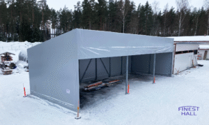 Finest-Hall Factory OÜ toodetud ja paigaldatud varikatus mõõtudega 8x21m, kõrgusega 6,8/5 meetrit SSP Group Oy-le.