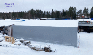 Finest-Hall Factory OÜ toodetud ja paigaldatud varikatus mõõtudega 8x21m, kõrgusega 6,8/5 meetrit SSP Group Oy-le.