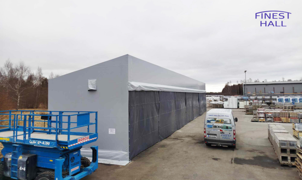 Finest-Hall Factory OÜ toodetud ja paigaldatud varikatus mõõtudega 6x35m, kõrgusega 6 meetrit Benders Baltic Nord OÜ-le.