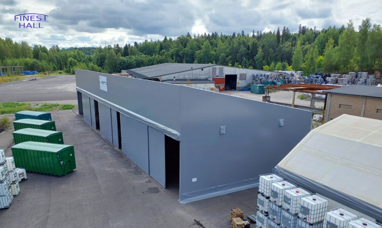 Finest-Hall Factory OÜ toodetud ja paigaldatud varikatus mõõtudega 15x49m, kõrgusega 6,5 meetrit Kierto Itä-Suomi Oy-le.